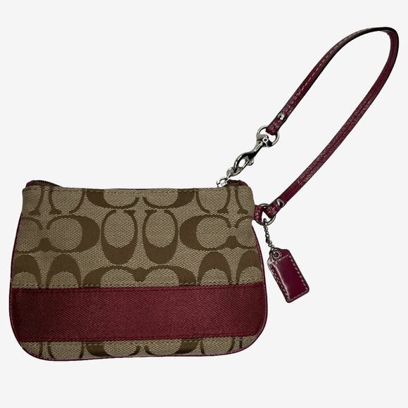 Coach Signature Canvas Wristlet Burgundy Patent Trim Small Pouch Bag - Picture 4 of 14